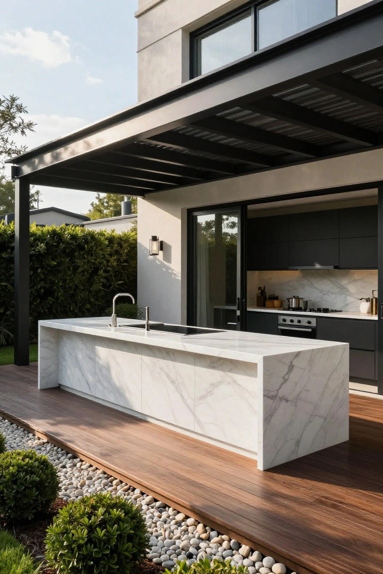 Modern outdoor kitchen on a wooden deck with white marble island countertop, black cabinets, sink, cooktop, adjacent to house with sliding glass doors under a black metal pergola, surrounded by bushes and pebbles.