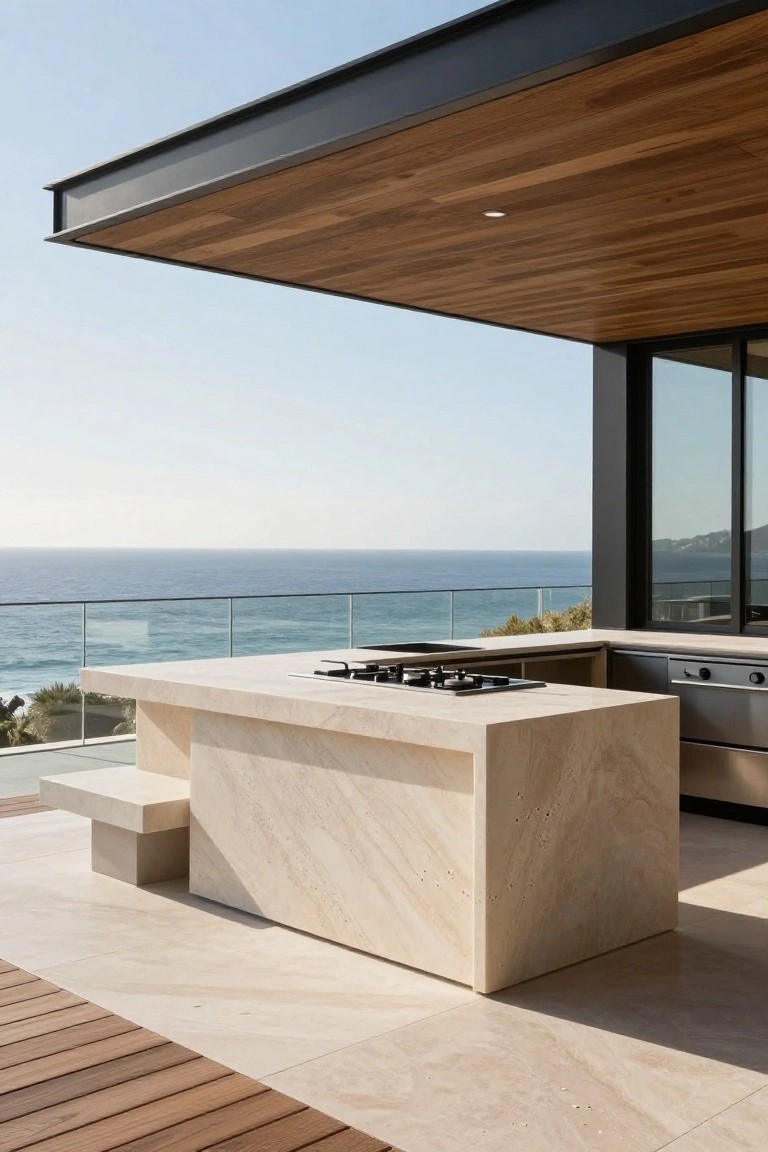 Modern outdoor kitchen with beige stone L-shaped island, gas cooktop, and stainless oven on a balcony overlooking the ocean, featuring glass balustrade, travertine floor, wooden decking, and cantilevered wood ceiling with black steel frame.