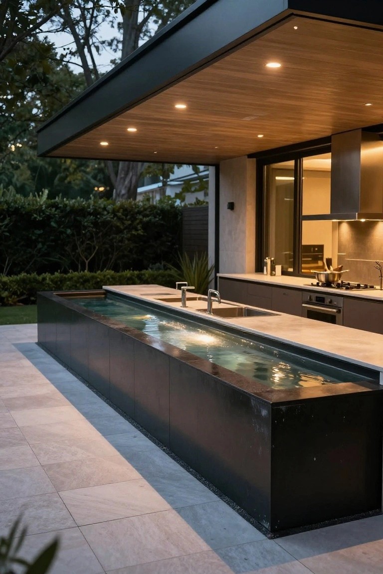 Modern outdoor kitchen island in black stone with integrated linear water channel, double sinks, cooktop, and oven, under wooden ceiling beside glass house doors and garden.