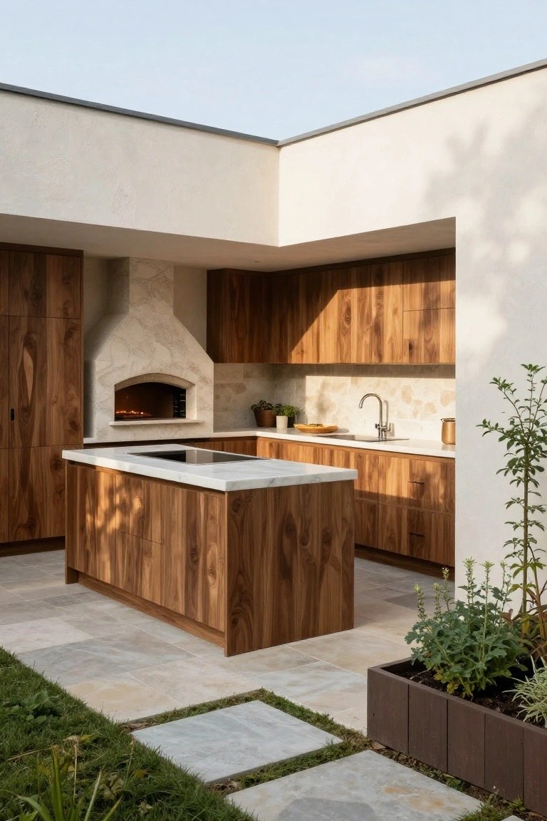 Outdoor kitchen with walnut wood cabinets, built-in arched stone pizza oven, white marble island countertop with induction cooktop and sink, beige tiled patio floor, adjacent to beige stucco house wall and garden plants.