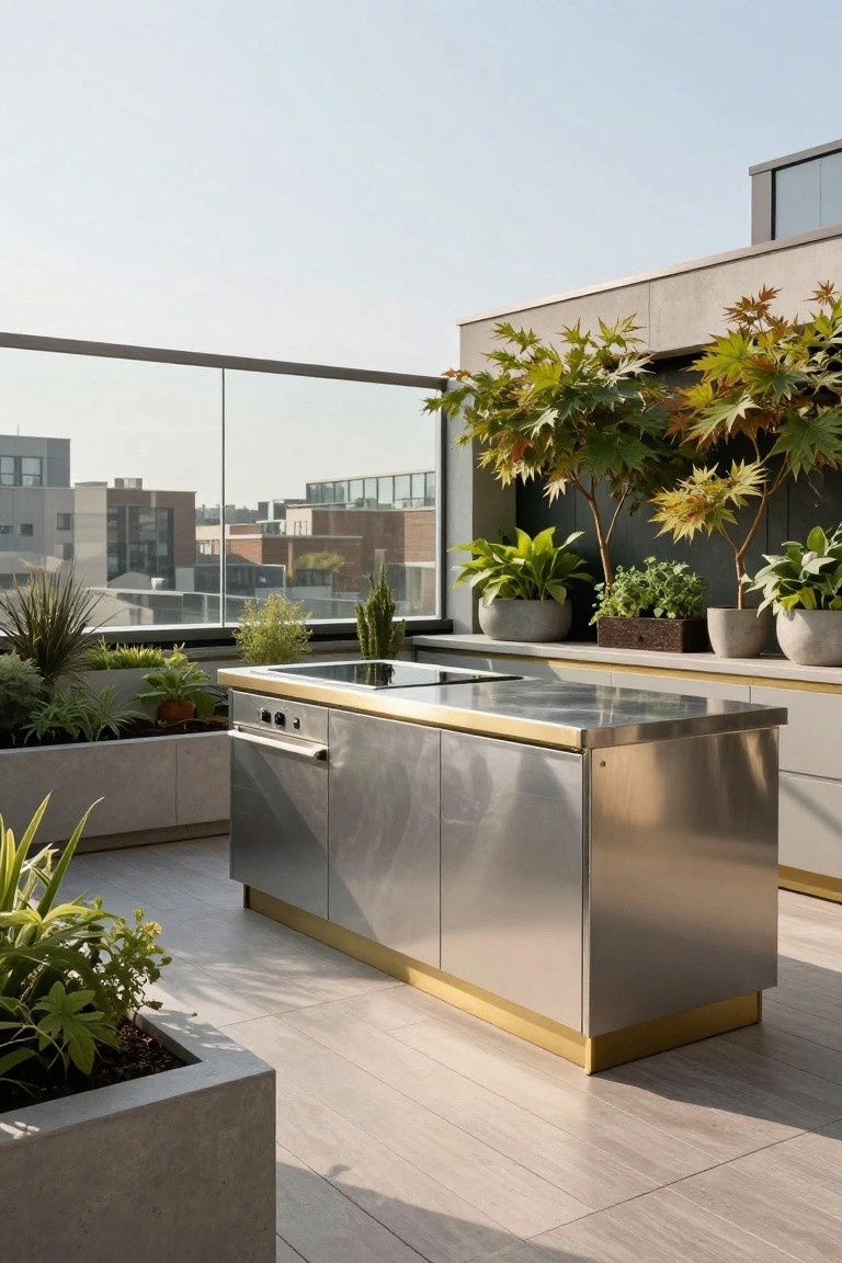 Rooftop terrace with stainless steel kitchen island including induction cooktop and cabinets, surrounded by potted plants like maples and agaves, glass railing, and city view.