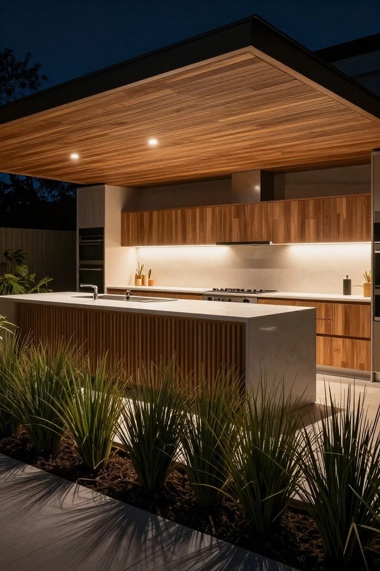 Night view of outdoor kitchen under timber slat ceiling with recessed lights, wood veneer cabinets, white stone counters, gas cooktop, and tall grasses along the front.