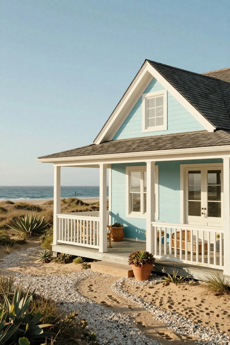 Light blue siding house with white trim, gabled dark shingle roof, raised front porch with white railings and potted plants, gravel path leading to steps amid agave plants, sand dunes and ocean beyond.