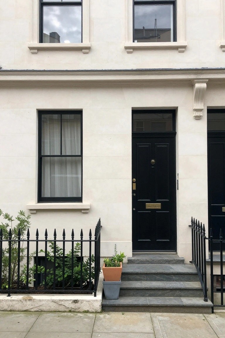 White stucco terraced house with black sash windows, central black front door with brass knocker and letterbox, slate steps, wrought iron railings, and potted plants in front.