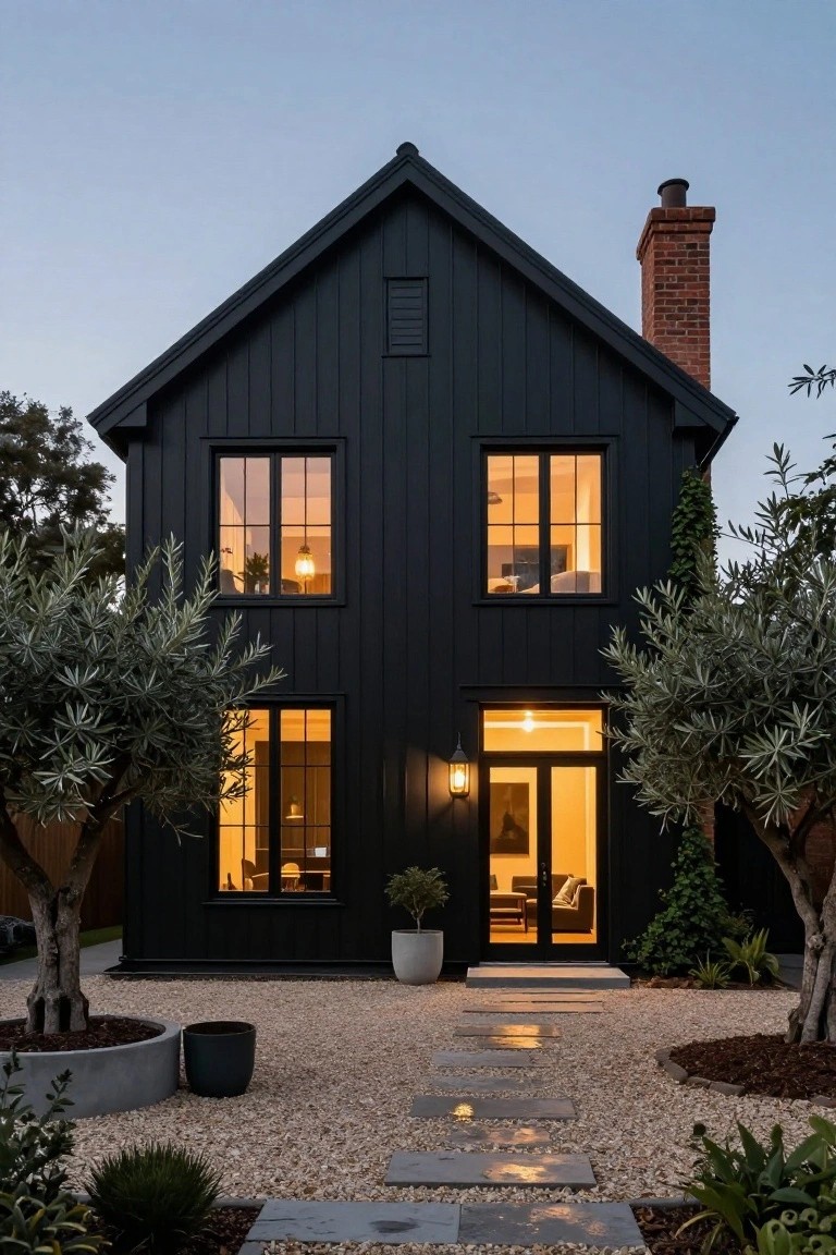 A two-story house with black vertical board siding, gabled roof, brick chimney, large black-framed windows emitting warm light, olive trees flanking the front, gravel yard cover, and stone stepping path to glass entry doors at dusk.