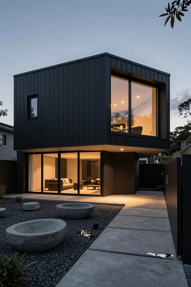 Modern angular house with black vertical metal cladding, large glass windows on upper and lower levels, minimalist front yard of black pebbles, large concrete planters, and lit concrete pathway at dusk.