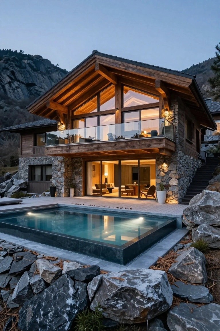 Chalet house with wood beams, stone walls, large glass doors and windows, glass balcony, infinity-edge pool with blue water, surrounded by large gray boulders and rocks on a deck, against rocky mountains at dusk.