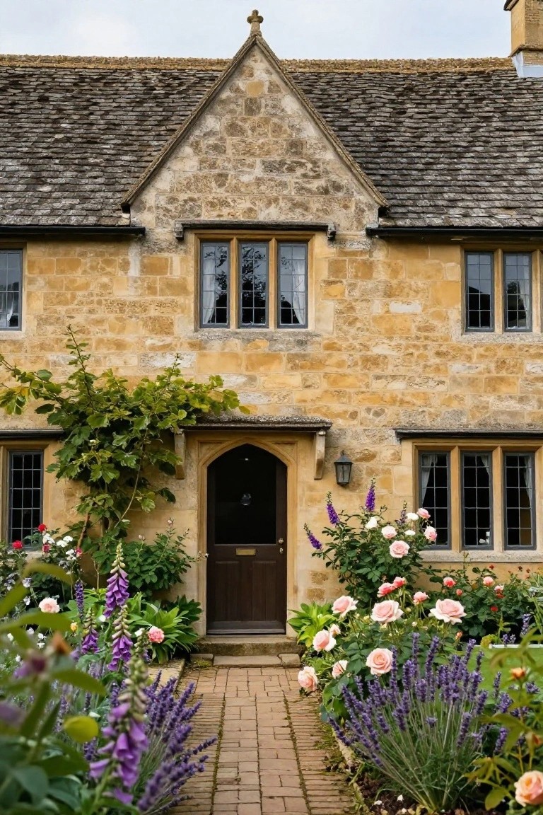 Honey-colored stone cottage with gabled roof and arched wooden front door, flanked by climbing vines and bordered by pink roses, purple foxgloves, and lavender along a brick pathway.