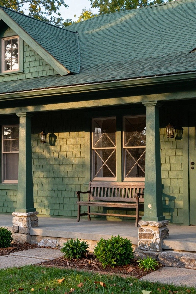 Green shingled house with covered front porch, wooden bench, column lanterns, stone porch bases, double windows, and low landscaping along a concrete porch and stone path.