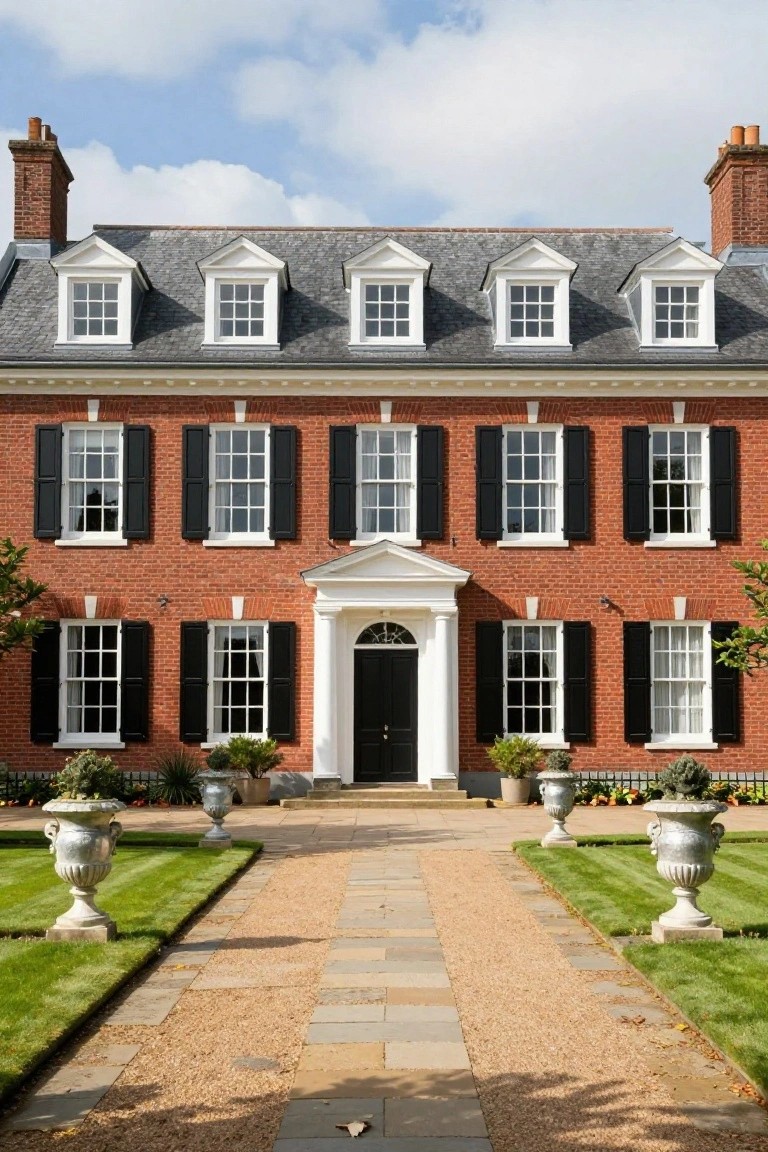Red brick Georgian-style house with black shutters on multipane windows, white dormers, central white portico with black door, flanked by urn planters and a central stone and gravel pathway through lawn borders.