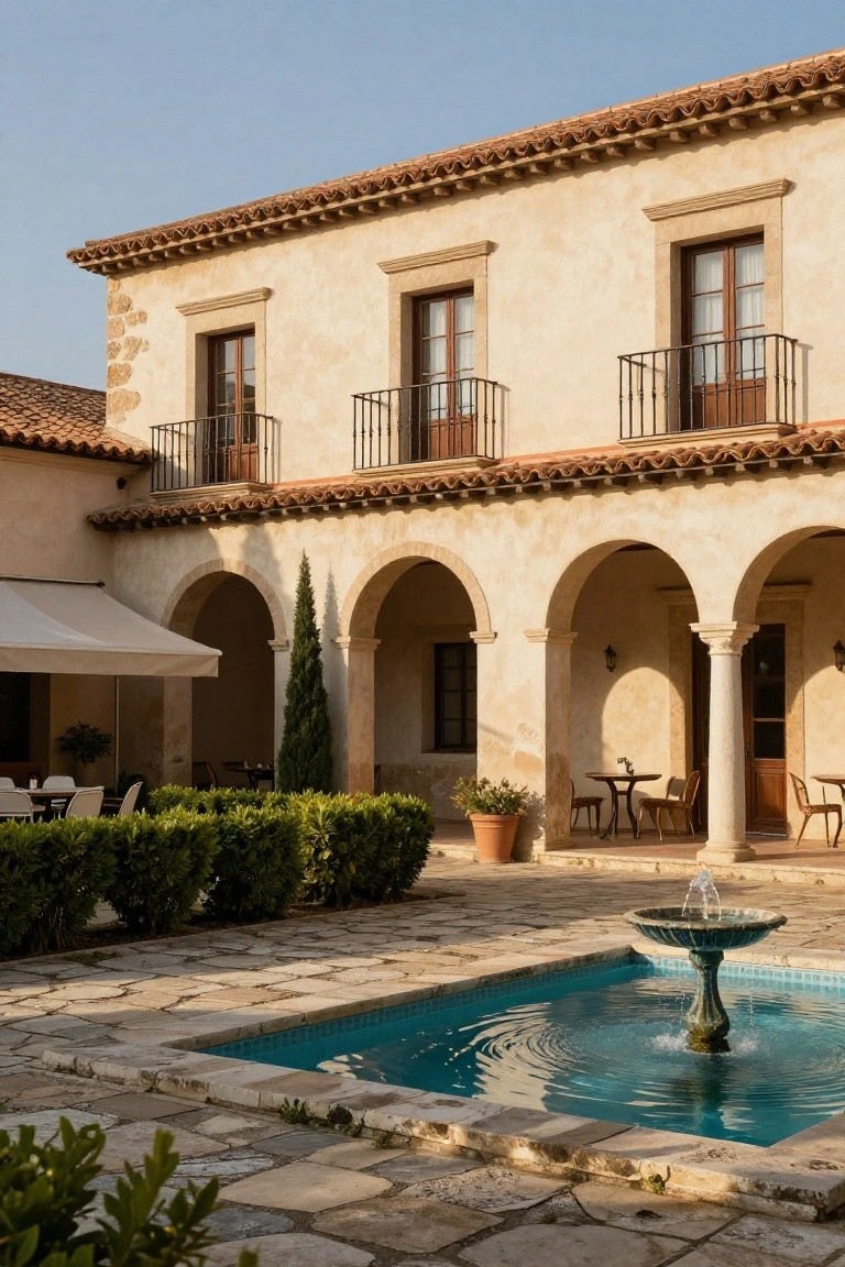 Spanish-style stucco courtyard with terracotta roof, arched colonnades, central blue-tiled fountain pool, potted plants, boxwood hedges, and outdoor tables and chairs on stone pavers under sunny sky.