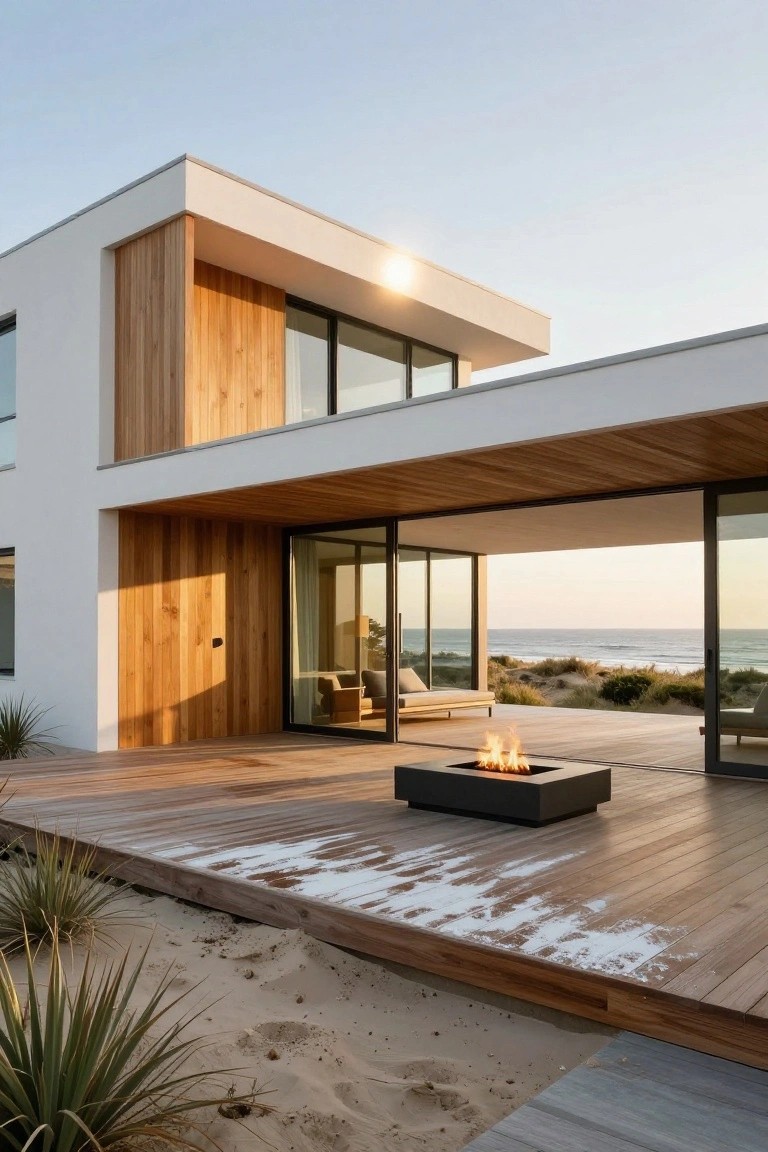 Modern beachfront house with white walls, wood cladding and ceiling, large sliding glass doors opening to a wooden deck with rectangular gas fire pit, sand, dune grass, and ocean view.