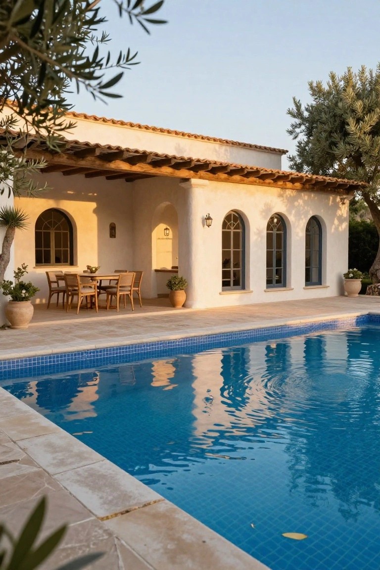 White stucco house with terracotta tile roof, wooden-beamed covered patio holding an outdoor dining table and chairs, arched windows, large terracotta pots with plants, olive trees, and adjacent rectangular blue mosaic-tiled swimming pool on a stone terrace.
