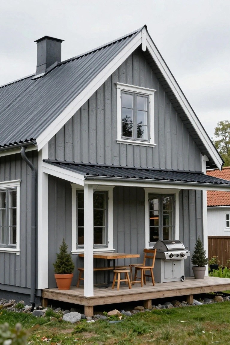Gray clapboard house with white trim, gabled metal roof, and covered wooden porch deck holding a table, chairs, stools, barbecue grill, and potted plants next to a grassy yard with rocks.