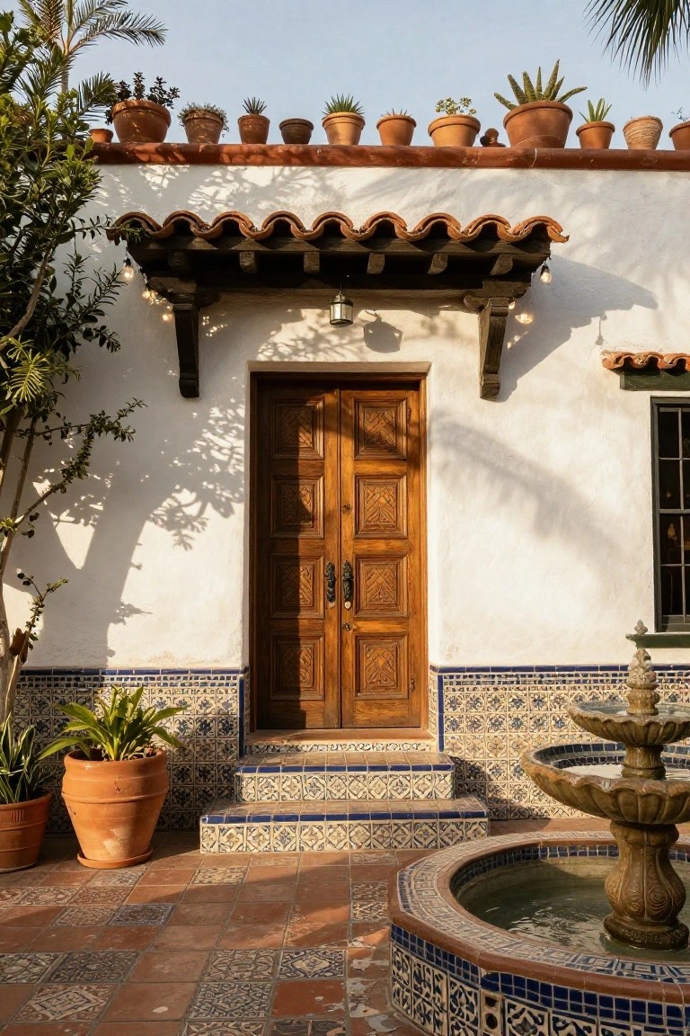 White stucco wall with terracotta tile roof overhang, carved wooden double doors, blue and white tiled steps and base, stone fountain, potted plants, and terracotta paving stones in front of the entry.
