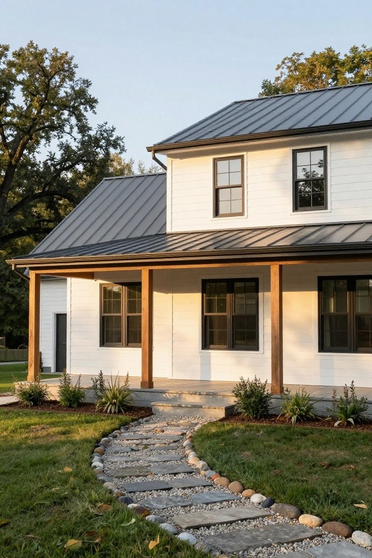 White two-story farmhouse with dark standing-seam metal roof, covered front porch supported by wooden posts, black-framed windows, and curved flagstone pathway edged with pebbles leading through grass to porch steps.