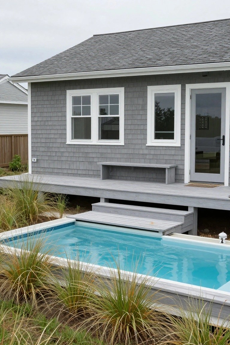 Gray shingle-sided house with elevated gray deck, bench, steps, and small turquoise rectangular plunge pool surrounded by ornamental grasses in a coastal yard.