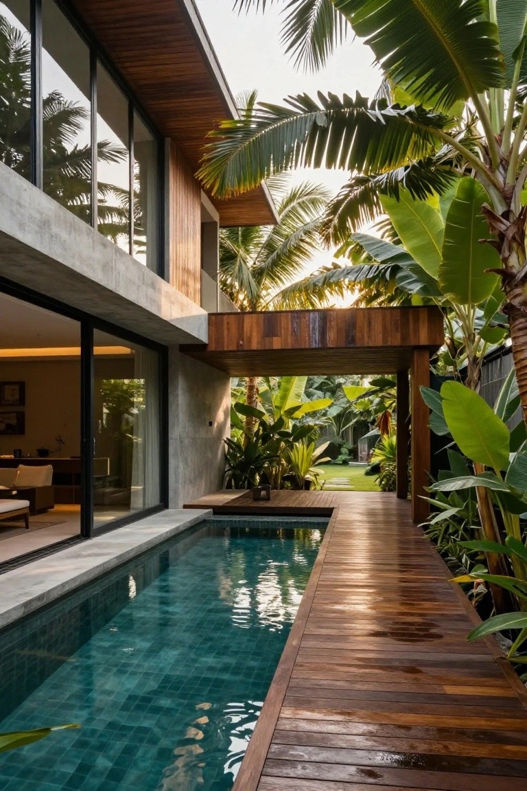 Modern tropical villa with pool, wood deck, and lush greenery.