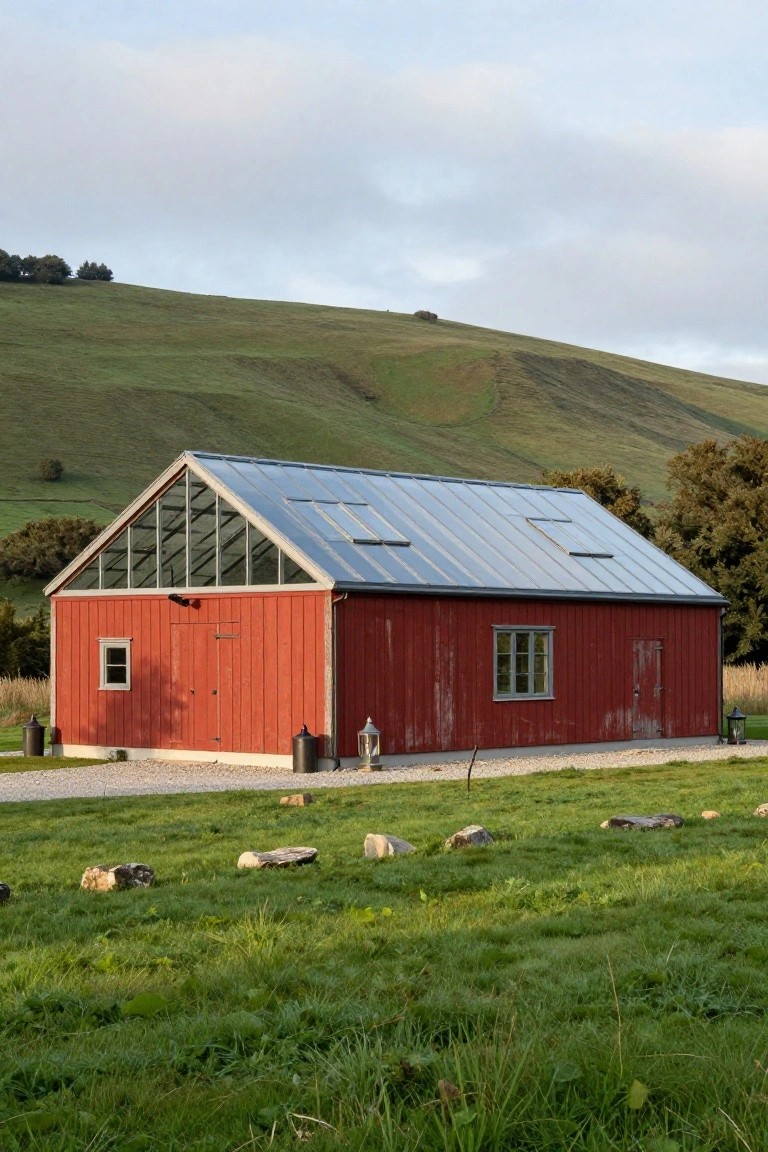 Red wooden barn-style building with triangular glazed roof sections, solar panels, two doors, a window, metal trash cans, lanterns, rocks, and gravel path on grassy land backed by green hills.
