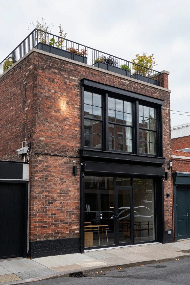 Corner brick building with black metal-framed windows and entry doors, a side garage door, and a rooftop edged with planters containing various plants behind a metal railing on a city sidewalk.