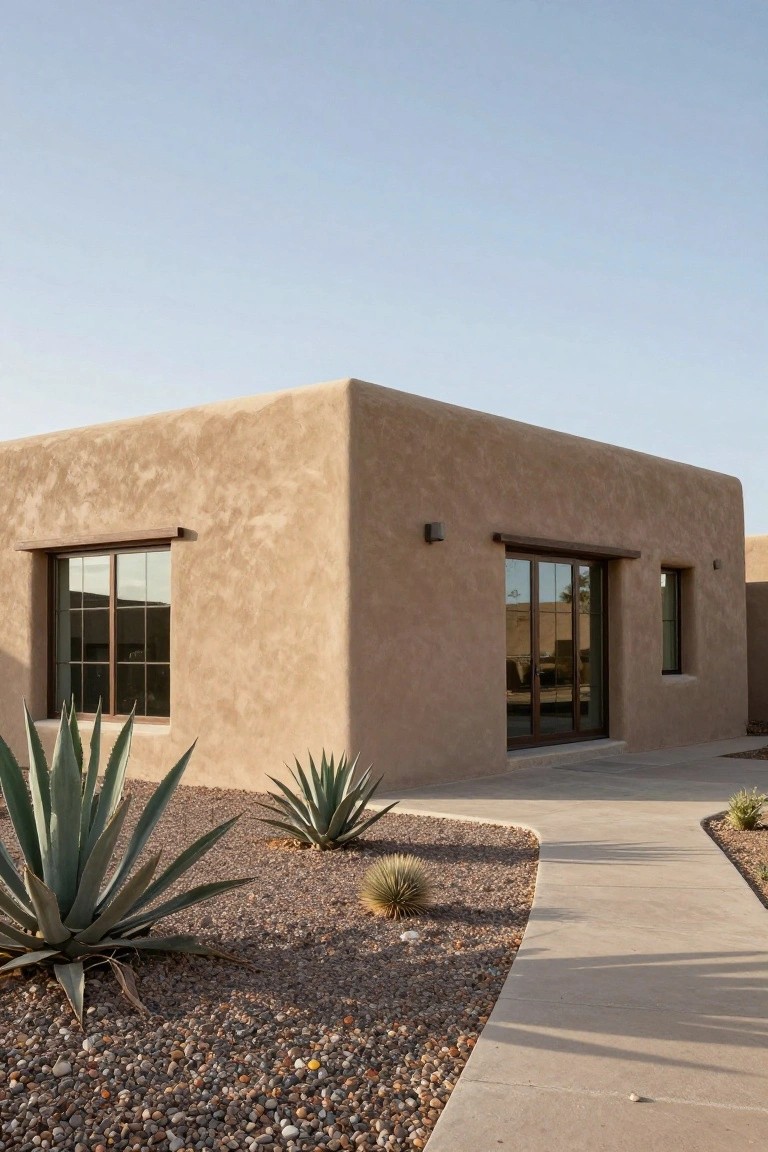 Beige stucco house with rounded corners and smooth walls, featuring wooden-framed windows and sliding glass doors, gravel landscaping with agave plants, and a concrete pathway to the entrance.