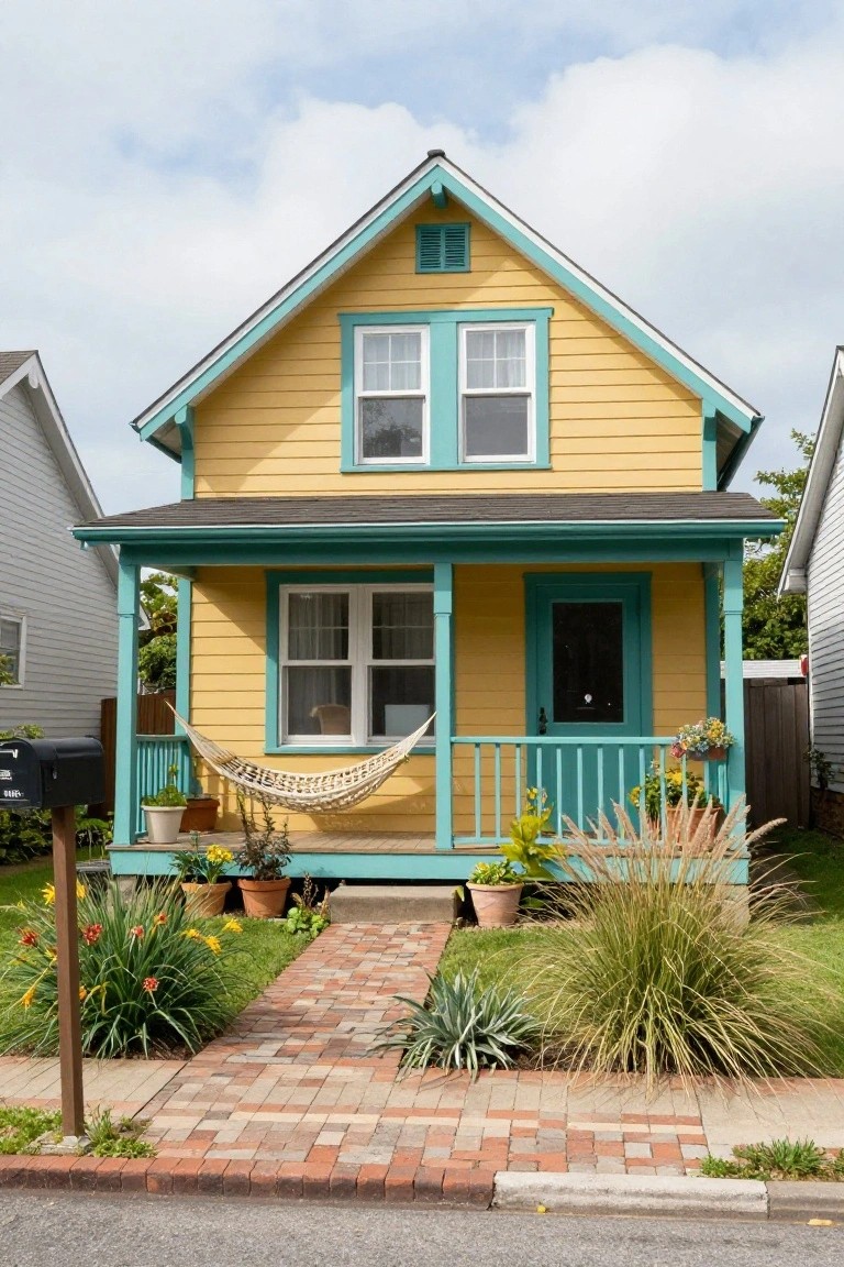 Yellow clapboard house with turquoise trim on the gabled roofline, porch, and door, white hammock on turquoise porch railing, potted plants, brick walkway through front yard with ornamental grasses and flowers.