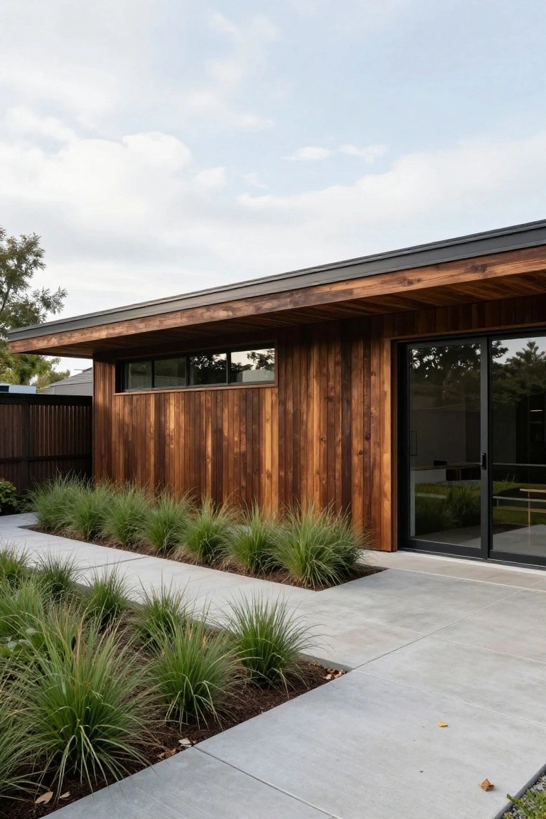 Side exterior of a modern house featuring vertical cedar wood cladding on the wall, black-framed sliding glass doors, concrete pathway lined with tall ornamental grasses, and a dark wooden fence.