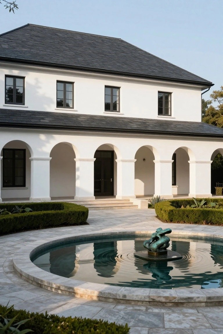 White stucco house with black-trimmed windows, dark slate roof, and arched colonnade porch with black entry doors, circular stone fountain holding bronze sculpture in foreground, boxwood hedges, and stone pavers.