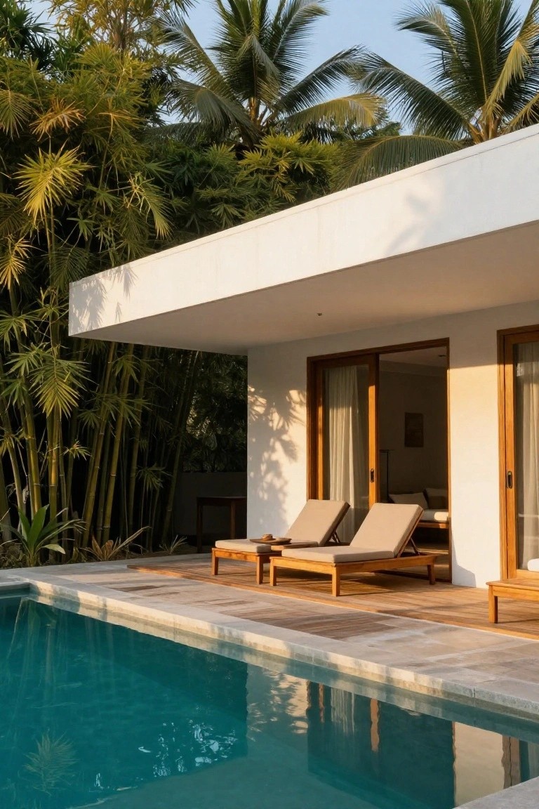 White modern house with wooden sliding doors and deck overlooking a turquoise pool, surrounded by dense bamboo groves and palm trees.