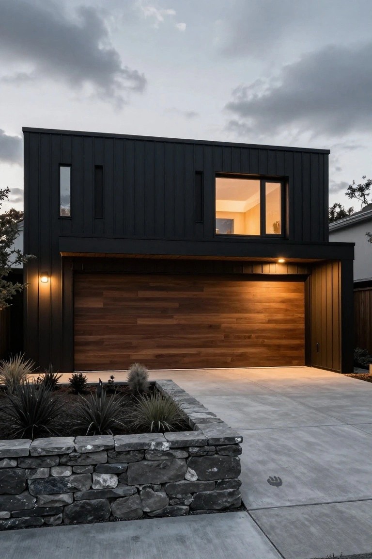Modern two-story house with black corrugated metal siding, large wooden garage door, slim vertical windows, stone retaining wall planter with agave plants along concrete driveway at dusk.
