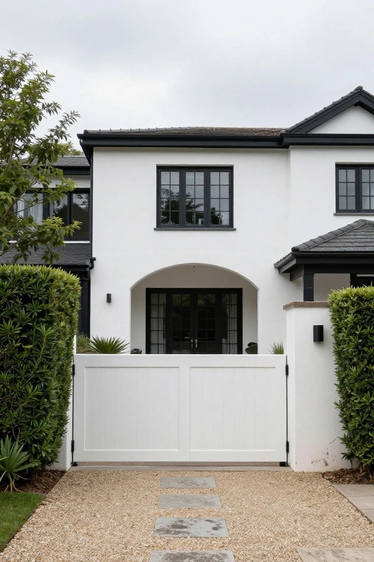 White two-story house with black-framed windows, black roof edges, arched entry porch with black double doors, white wooden gate flanked by hedges, gravel driveway with irregular stone path.