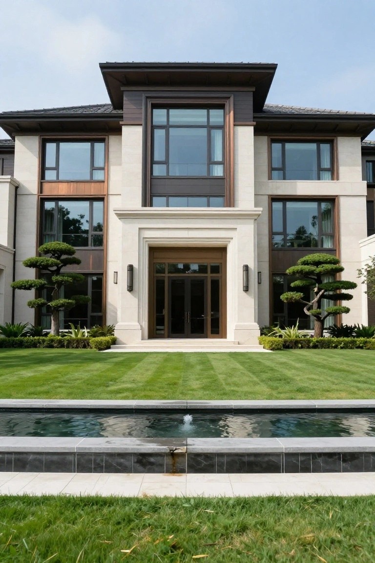 Modern two-story mansion with light beige stone facade, dark wood and metal vertical accents, large glass windows, central double wooden doors under a stone portico flanked by matching bonsai trees, manicured lawn, and narrow front reflecting pool with fountain.