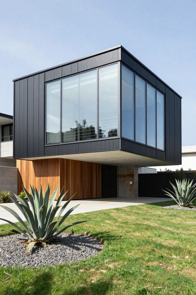 Modern house with black corrugated metal cantilevered upper volume, large glass windows, wooden lower entry section, concrete elements, agave plants in gravel mulch beds, and green lawn.