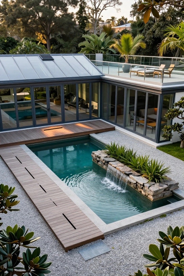 Aerial view of a modern house with gray metal roof, glass walls, rooftop deck, wooden walkway across gravel to a rectangular turquoise pool with stone waterfall planter and tropical plants.