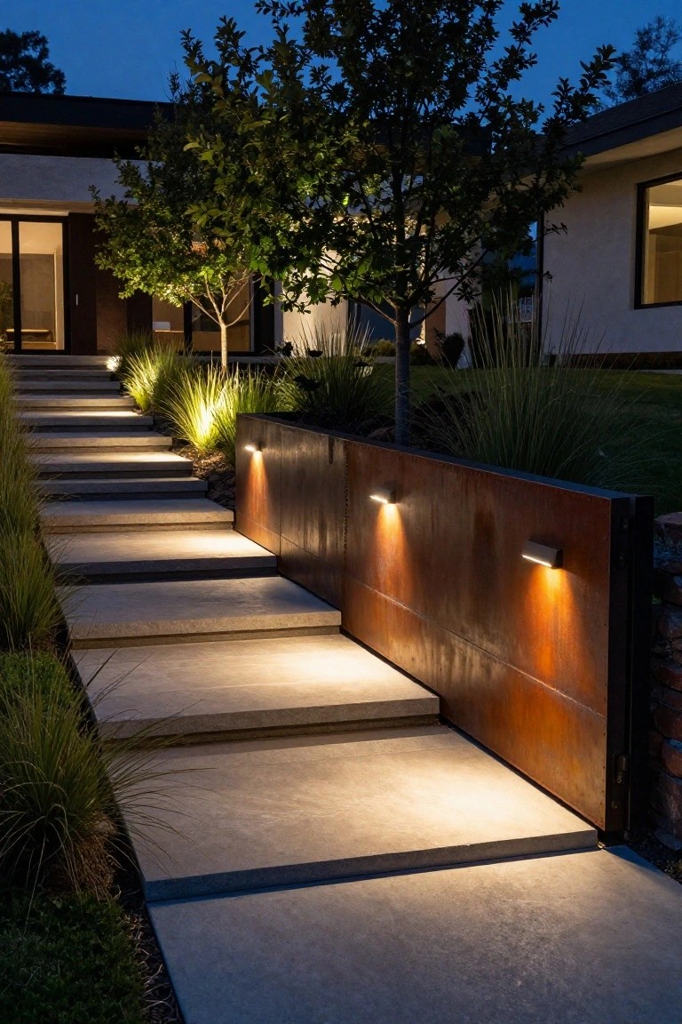 Dusk photo of concrete steps ascending to a modern house entrance, bordered by tall grasses and corten steel retaining walls with mounted lights illuminating the path.