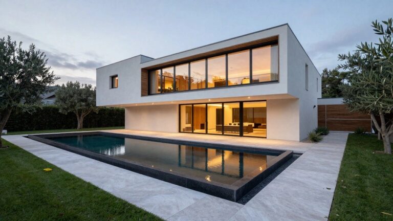 Modern two-story white stucco house with vertical wood cladding on upper section, large glass walls and doors, adjacent infinity-edge pool, olive trees, and lawn at dusk.