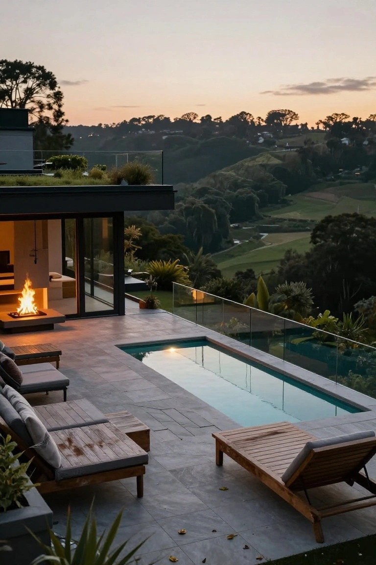 Modern terrace featuring an infinity-edge lap pool, concrete fire pit, wooden lounge chairs, and open glass doors to an interior space, overlooking a lush green valley at dusk.