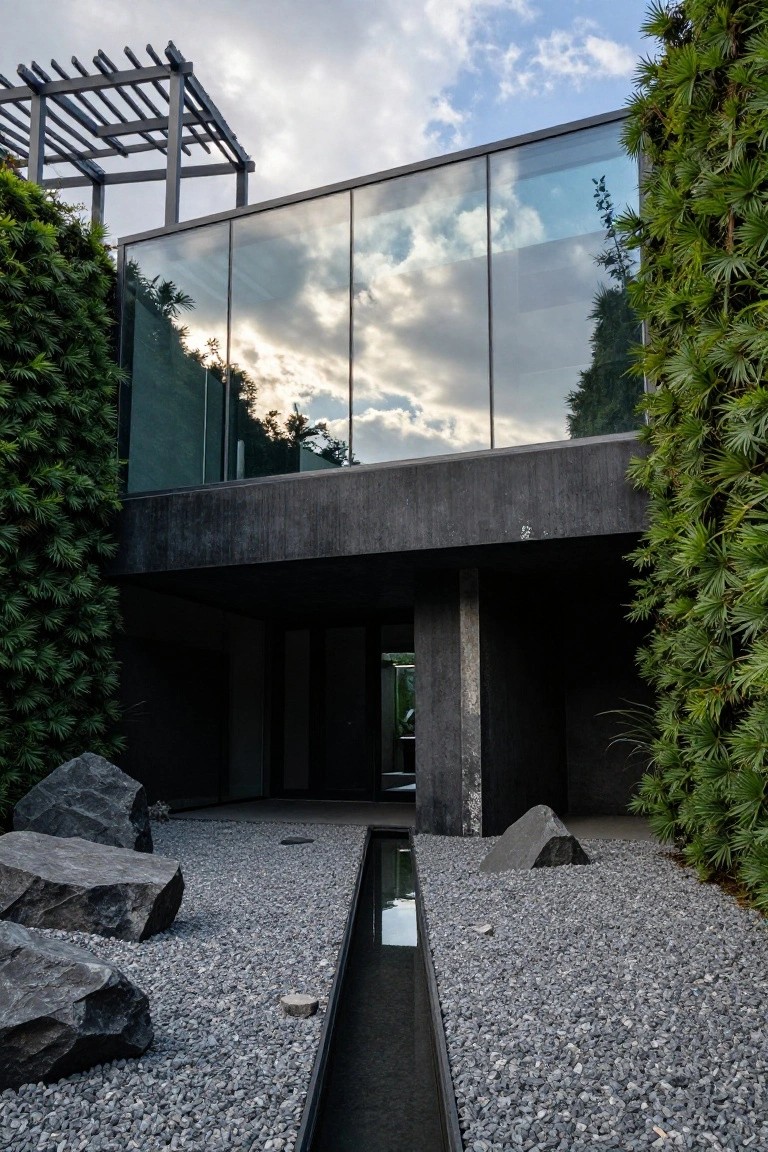 Black concrete modern house with large reflective glass walls and vertical green plantings overlooks a gravel courtyard containing large boulders and a narrow water channel.