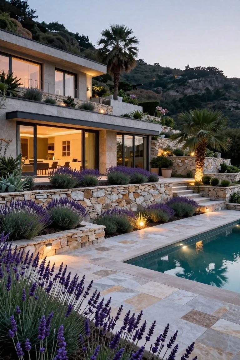 Modern hillside house with glass walls, stone retaining walls lined with lavender plants, palm trees, infinity-edge pool, and path lighting at dusk.