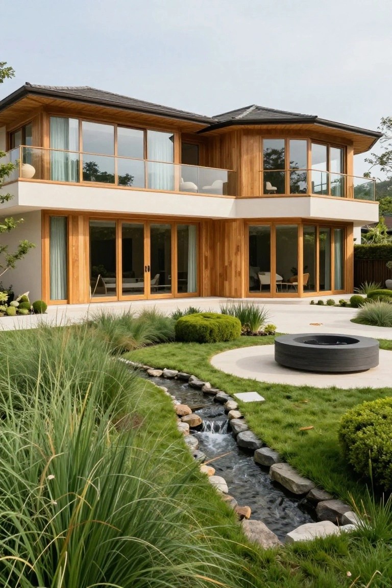 Modern house with wood cladding and large glass doors overlooking a backyard garden with a meandering rock-lined stream, tall ornamental grasses, shrubs, and a circular black fire pit.