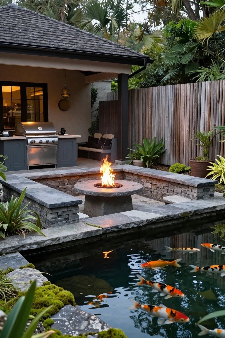 Backyard patio with central circular stone fire pit surrounded by low stone walls serving as benches, adjacent rectangular koi pond containing orange and white koi fish, outdoor kitchen with grill, tropical plants, wooden fence, and house exterior.