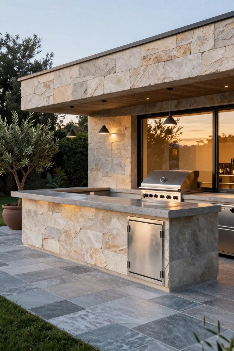 Stone-clad outdoor kitchen with stainless steel grill and concrete countertop integrated into house wall next to large glass windows, pendant lights, olive tree in pot, and gray tiled patio at dusk.