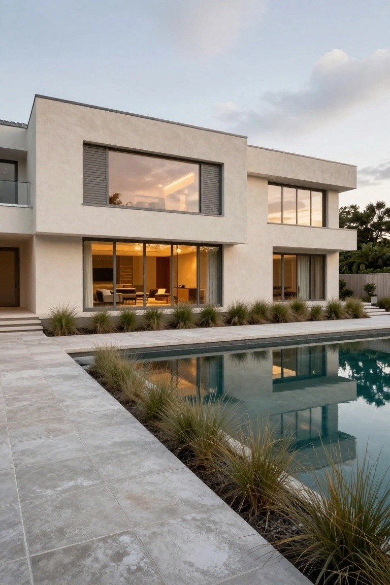 Modern beige stucco house with large floor-to-ceiling windows and balcony overlooking a rectangular pool edged by tall ornamental grasses on a light gray tiled deck.