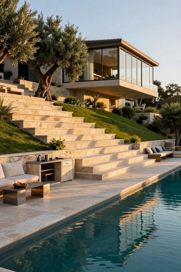 Modern hillside home with wide terraced beige stone steps leading from the upper house level down to a rectangular turquoise pool, flanked by grass, olive trees, and landscaping.