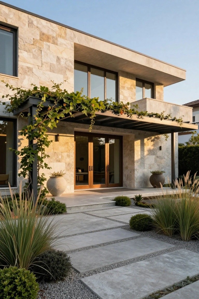 Modern stone-clad house exterior with a metal pergola covered in green vines over a wooden double door entry, concrete paver pathway, potted plants, ornamental grasses, and gravel mulch.