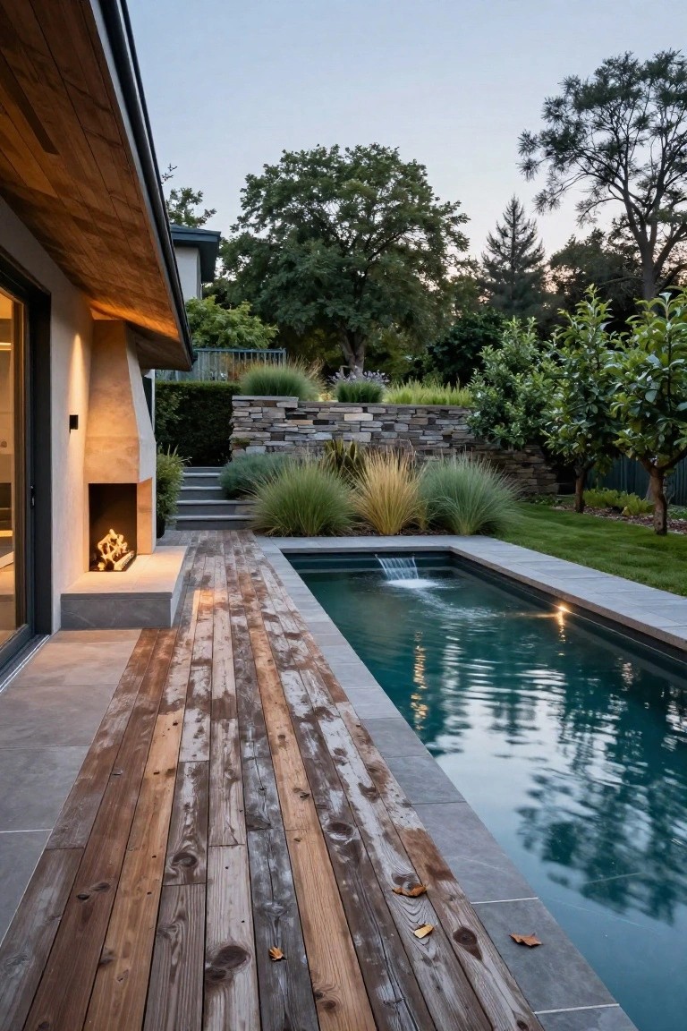 Backyard patio featuring weathered wooden decking adjacent to a narrow rectangular swimming pool with a small waterfall at one end, an outdoor fireplace nearby, stone retaining wall with grasses, fruit trees, and lawn at dusk.
