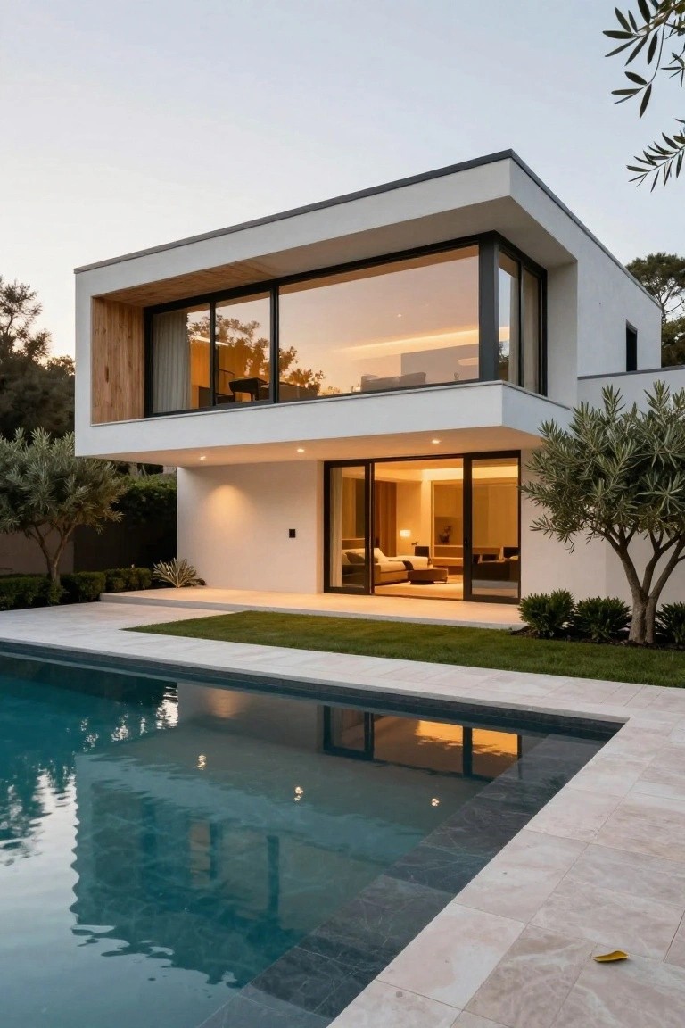 Modern two-story white stucco house with vertical wood cladding on upper section, large glass walls and doors, adjacent infinity-edge pool, olive trees, and lawn at dusk.
