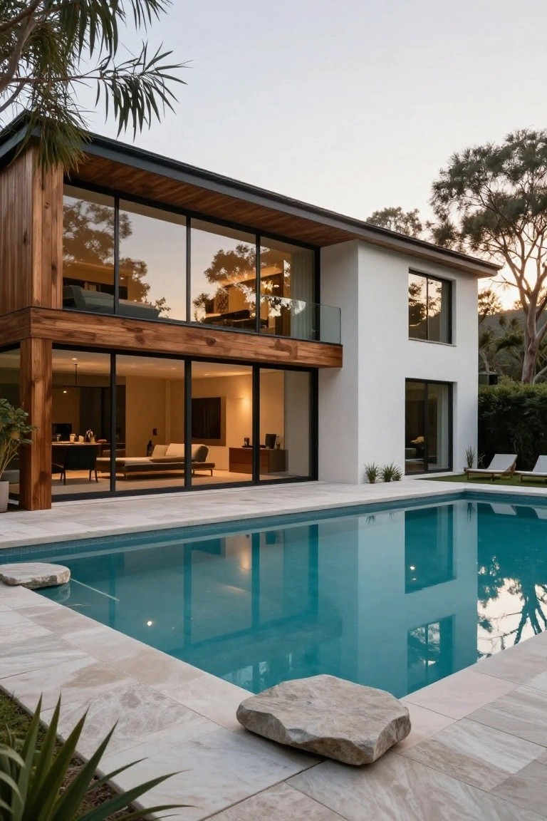 Modern two-story house featuring vertical wood cladding on the left side and balcony, white stucco walls on the right, large floor-to-ceiling glass windows and doors, adjacent turquoise pool with travertine decking and boulder edges, surrounded by palm trees at sunset.
