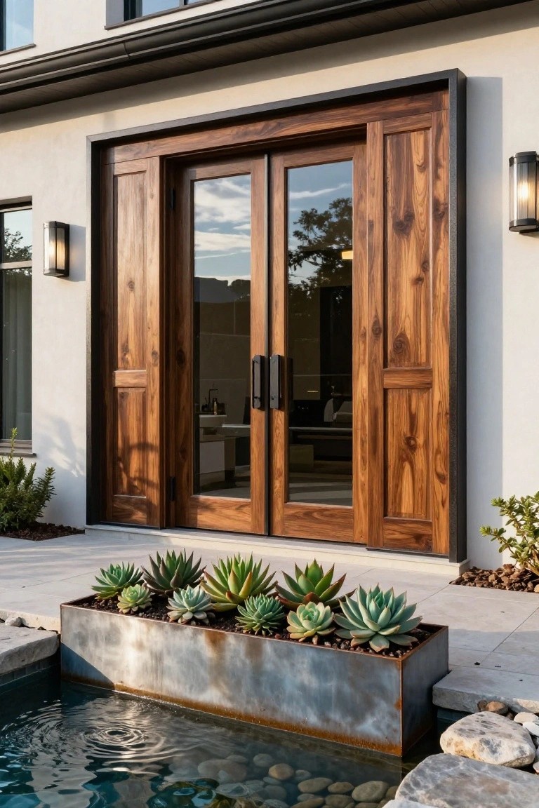 Modern stucco house exterior with large wooden sliding doors featuring glass panels and black metal frames, flanked by cylindrical wall lanterns, a metal trough planter filled with succulents, and a small rock-lined water feature.