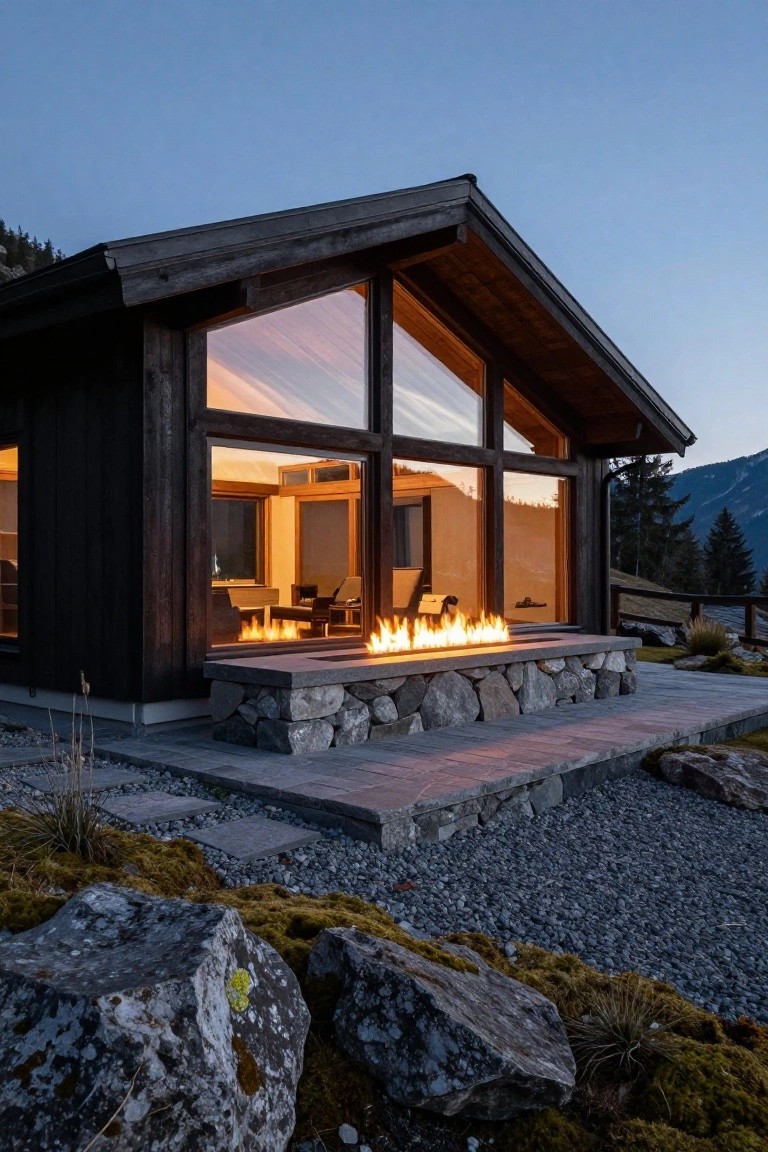 Dark wood modern chalet with large glass windows, stone patio base holding a linear fire pit with flames, gravel and rock landscaping, grasses, and mountain background at dusk.